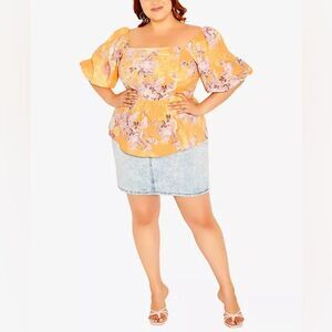 City Chic Trendy Sweet Puff Sleeve  Lisbon Square Neck Top Floral XL (22) NWT